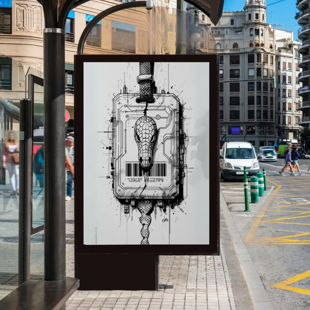 Part of the Cyber Wall Manifest series, “Phisher’s Smile” explores the seductive nature of phishing through a surreal AI-generated metaphor. A corporate figure, smiling through distortion, offers an irresistible ‘Click Here’—but behind that smile lies a digital trap.
