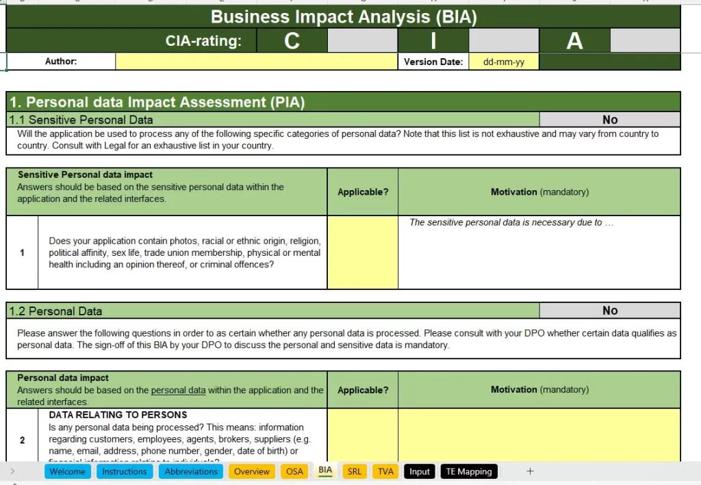 Business Impact Analysis (BIA) Template – Risk Impact Ratings Across Confidentiality, Integrity, and Availability