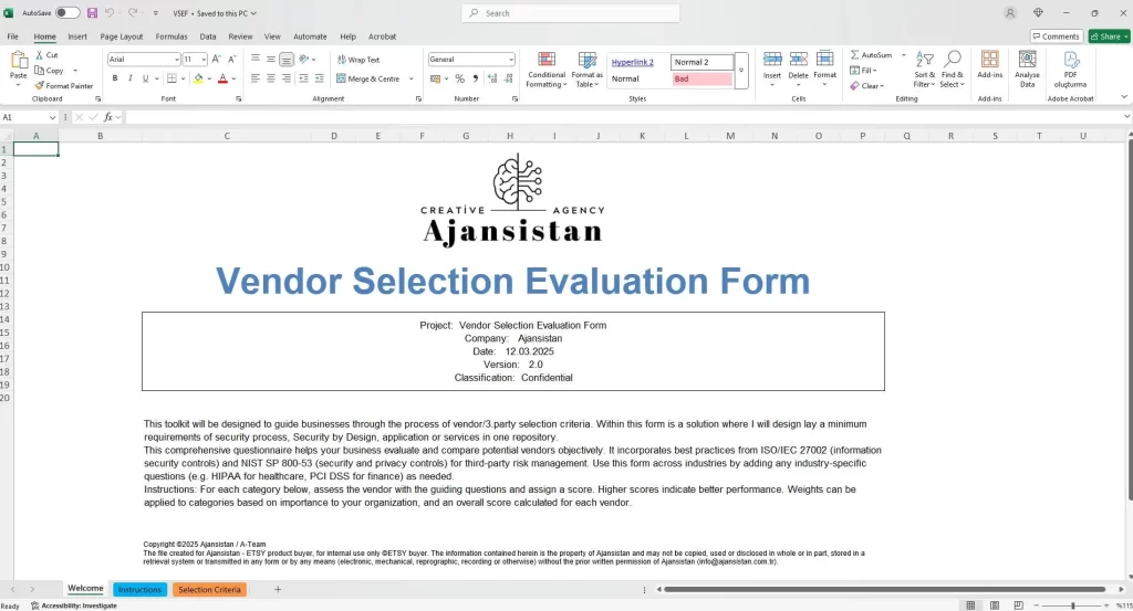 Vendor Selection Comparison Table – Side‑by‑Side Risk Ratings for Multiple Vendors in Excel

Audit‑Ready Vendor Risk Assessment Template – Fully Formatted Excel Workbook with Risk Categories